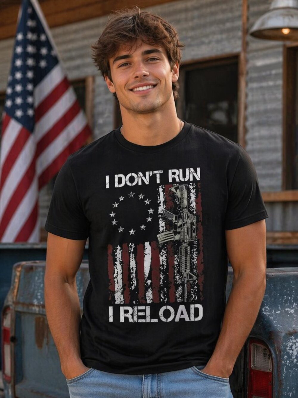 NWT! Mens XL Black T-Shirt I Dont Run I Reload Womens Tee Red White Blue Flag